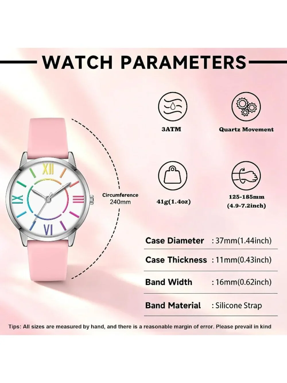 Women's Pink Colorful Roman Numerals Fashion Analog Waterproof Wrist Watch